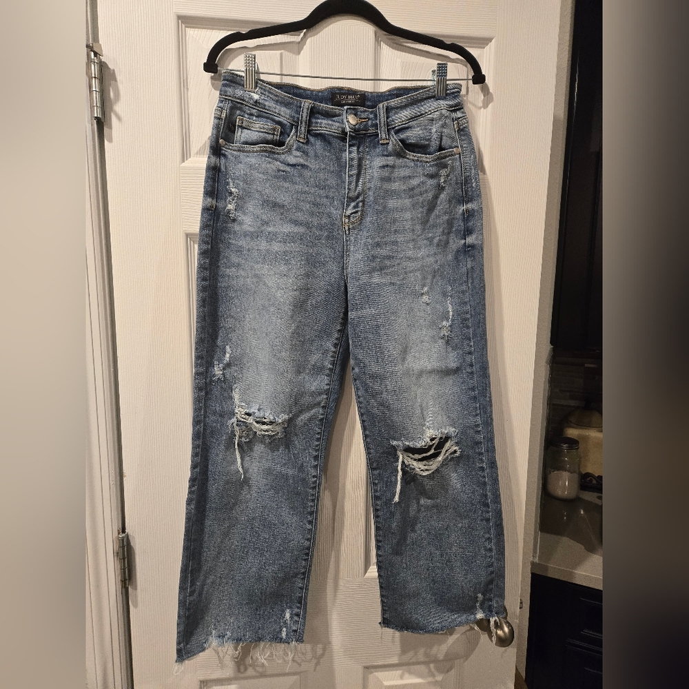 Judy Blue High Waisted, Wide Leg Destressed/Destroyed Jeans, Sz 9/29, EUC